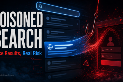 Editorial poster reading Poisoned Search, with a search result pulled into a phishing login trap.