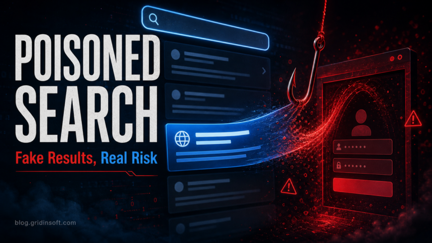 Editorial poster reading Poisoned Search, with a search result pulled into a phishing login trap.