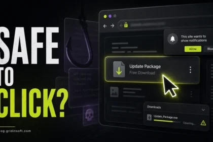Safe to Click poster showing a suspicious browser download, notification prompt, and cursor before a risky click.