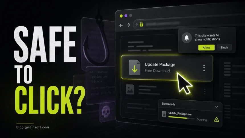 Safe to Click poster showing a suspicious browser download, notification prompt, and cursor before a risky click.
