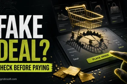 Fake online store checkout showing a too-good-to-be-true deal, shopping cart trap, and payment warning.