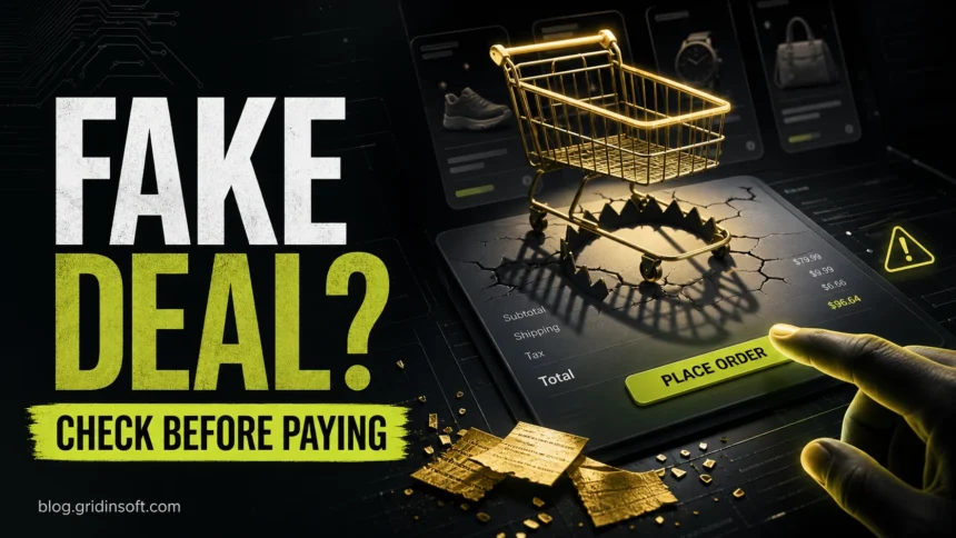 Fake online store checkout showing a too-good-to-be-true deal, shopping cart trap, and payment warning.