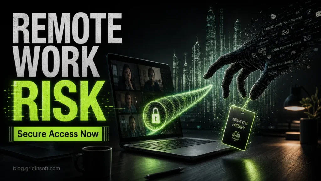 Remote work risk: attacker reaching for a work access passkey through a remote access tunnel.