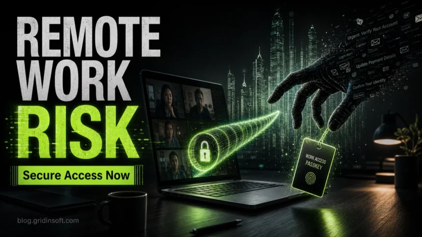 Remote work risk: attacker reaching for a work access passkey through a remote access tunnel.
