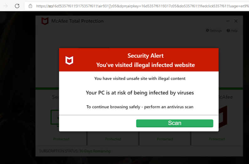 Fake browser security alert used in tech support scams.