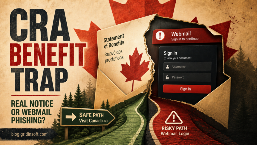 CRA Benefit Statement email opening into a fake Webmail sign-in trap.