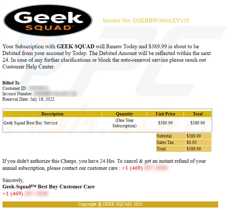 Fake Geek Squad renewal email invoice asking the recipient to call a number.