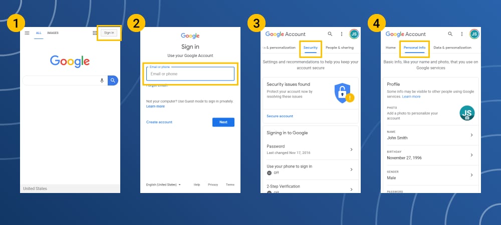 Google account privacy and security settings