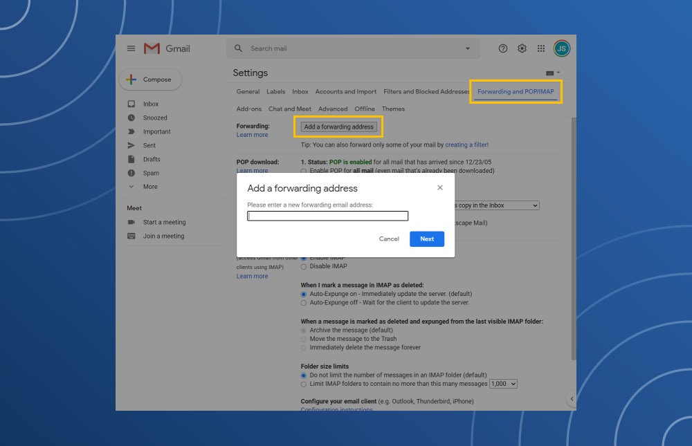 Email forwarding settings used to add or review forwarding addresses