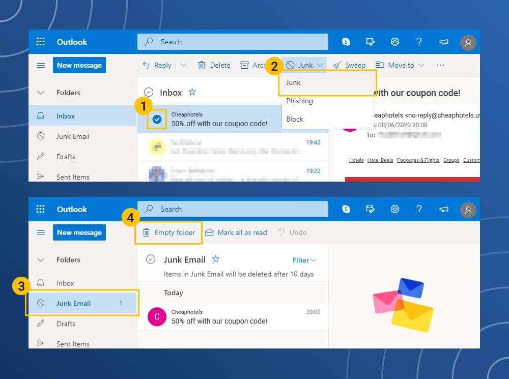 Outlook junk and cleanup controls for spam messages