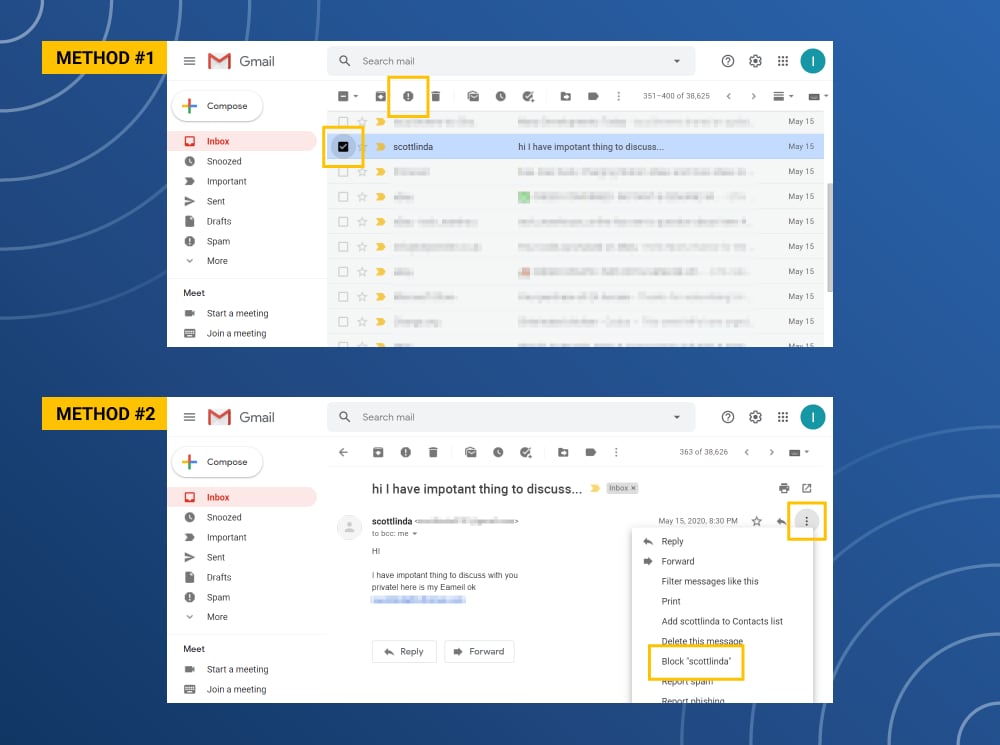 Gmail report spam control in the message toolbar