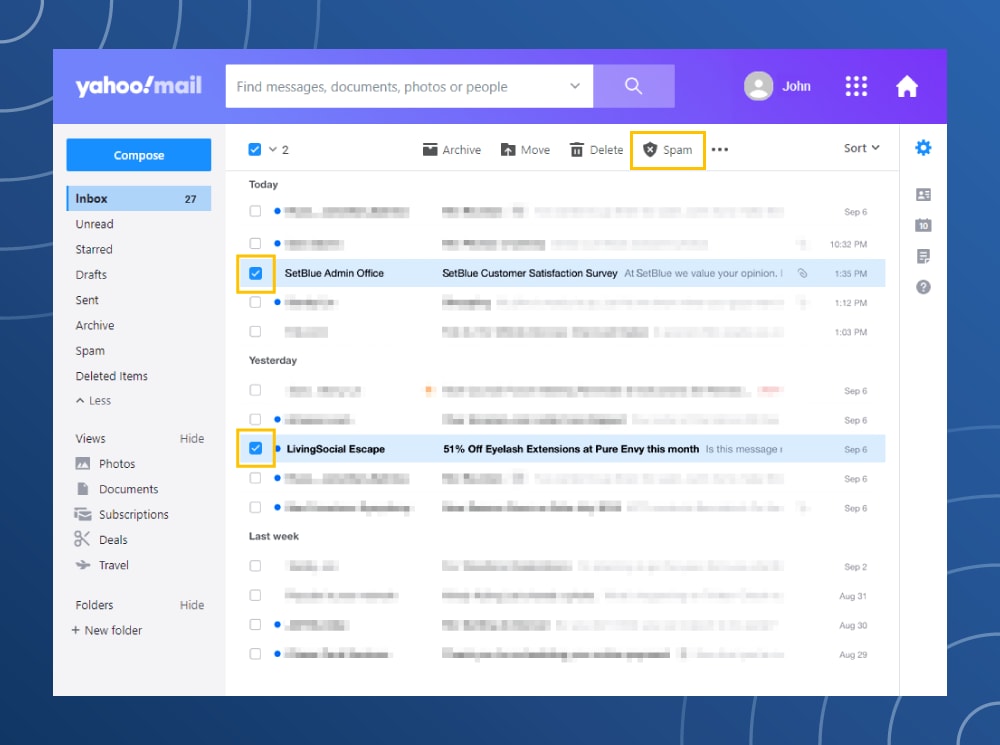 Yahoo Mail report spam control