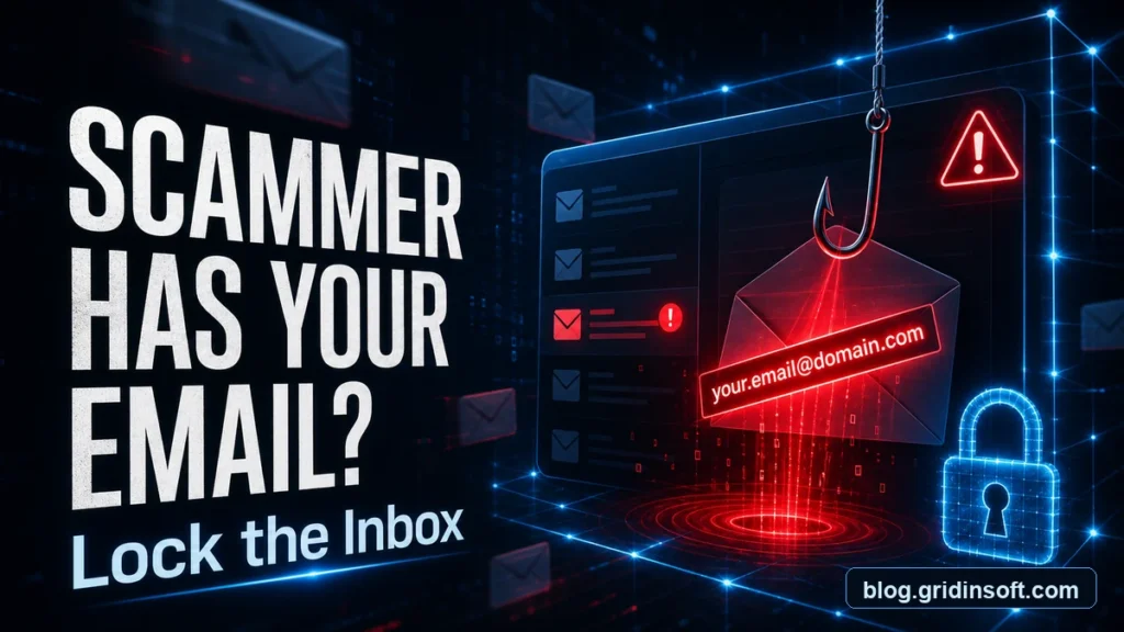 Scammer email warning poster with phishing hook, inbox lock, and blog.gridinsoft.com watermark.