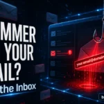 Scammer email warning poster with phishing hook, inbox lock, and blog.gridinsoft.com watermark.