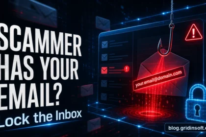 Scammer email warning poster with phishing hook, inbox lock, and blog.gridinsoft.com watermark.