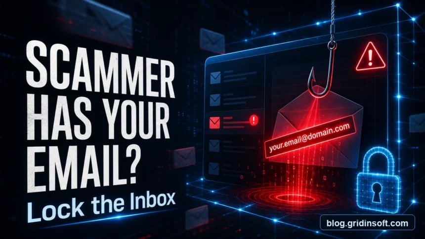 What to Do If a Scammer Has Your Email Address 1 Scammer email warning poster with phishing hook, inbox lock, and blog.gridinsoft.com watermark.