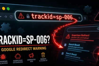 trackid=sp-006 Google redirect warning poster with browser URL bar and suspicious redirect.