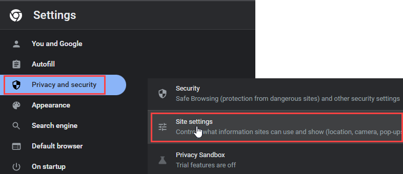 Chrome privacy and security settings for removing fake McAfee notifications