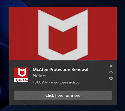 Fake McAfee notification from an unrelated domain