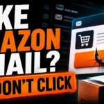 Fake Amazon email warning poster with a phishing hook and do not click message