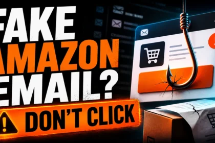 Fake Amazon email warning poster with a phishing hook and do not click message