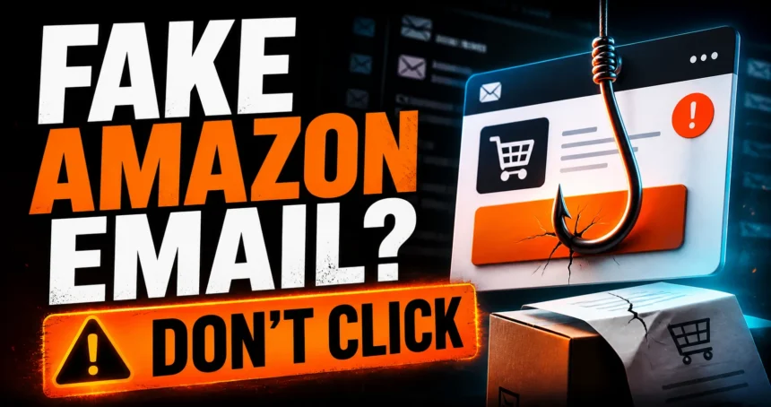 Fake Amazon email warning poster with a phishing hook and do not click message