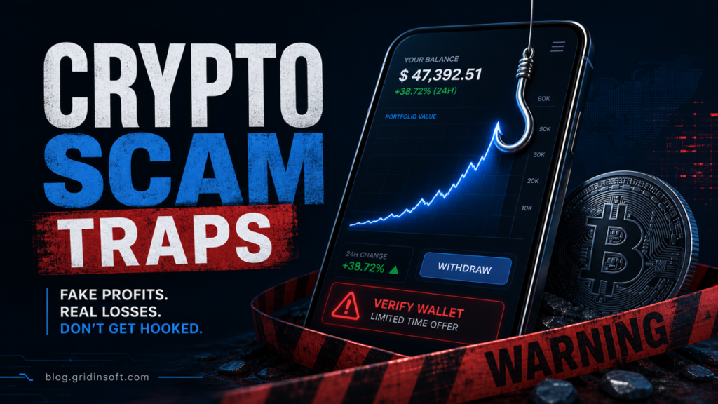 Crypto scam traps poster showing fake profits, wallet verification pressure, and a phishing hook.