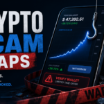 Crypto scam traps poster showing fake profits, wallet verification pressure, and a phishing hook.
