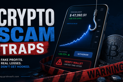 Crypto scam traps poster showing fake profits, wallet verification pressure, and a phishing hook.