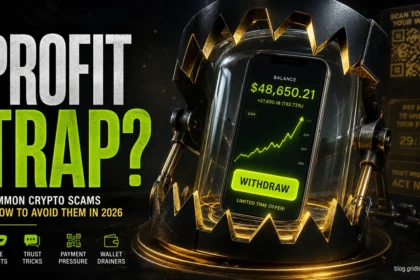 Crypto scams 2026 profit trap poster with a fake balance, withdraw button, wallet-drainer pressure, and a trap.
