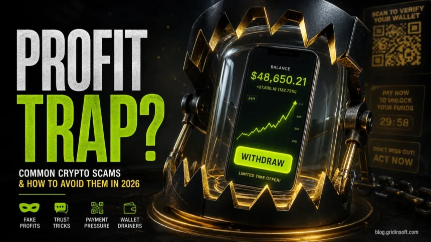 Crypto scams 2026 profit trap poster with a fake balance, withdraw button, wallet-drainer pressure, and a trap.