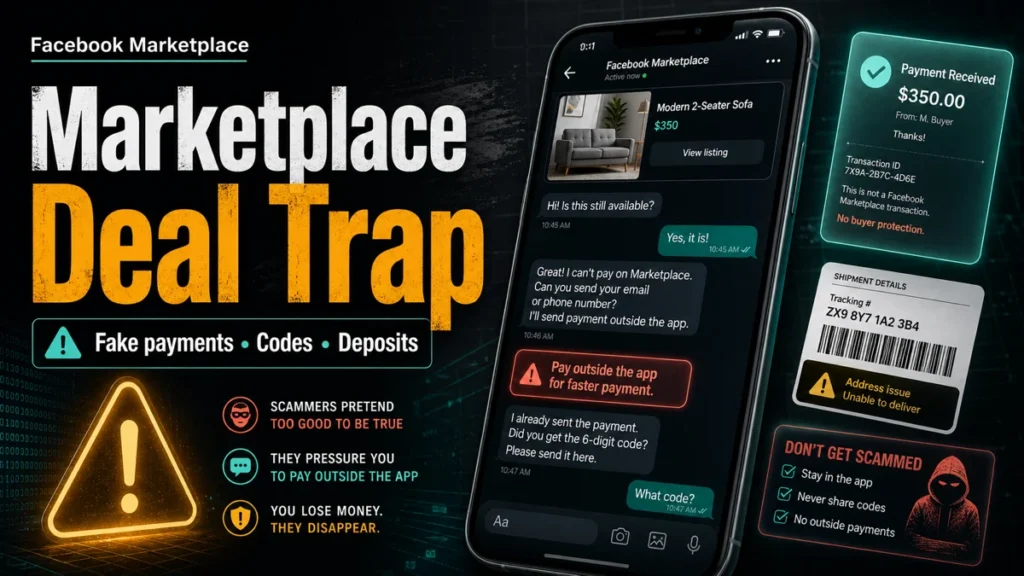 Facebook Marketplace scam warning with fake payment, code, deposit, and off-platform pressure red flags.