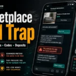 Facebook Marketplace scam warning with fake payment, code, deposit, and off-platform pressure red flags.
