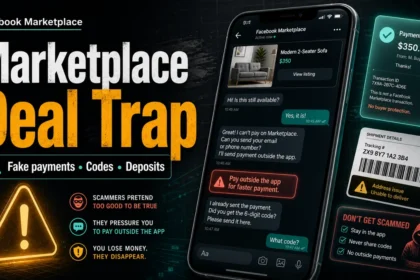 Facebook Marketplace scam warning with fake payment, code, deposit, and off-platform pressure red flags.