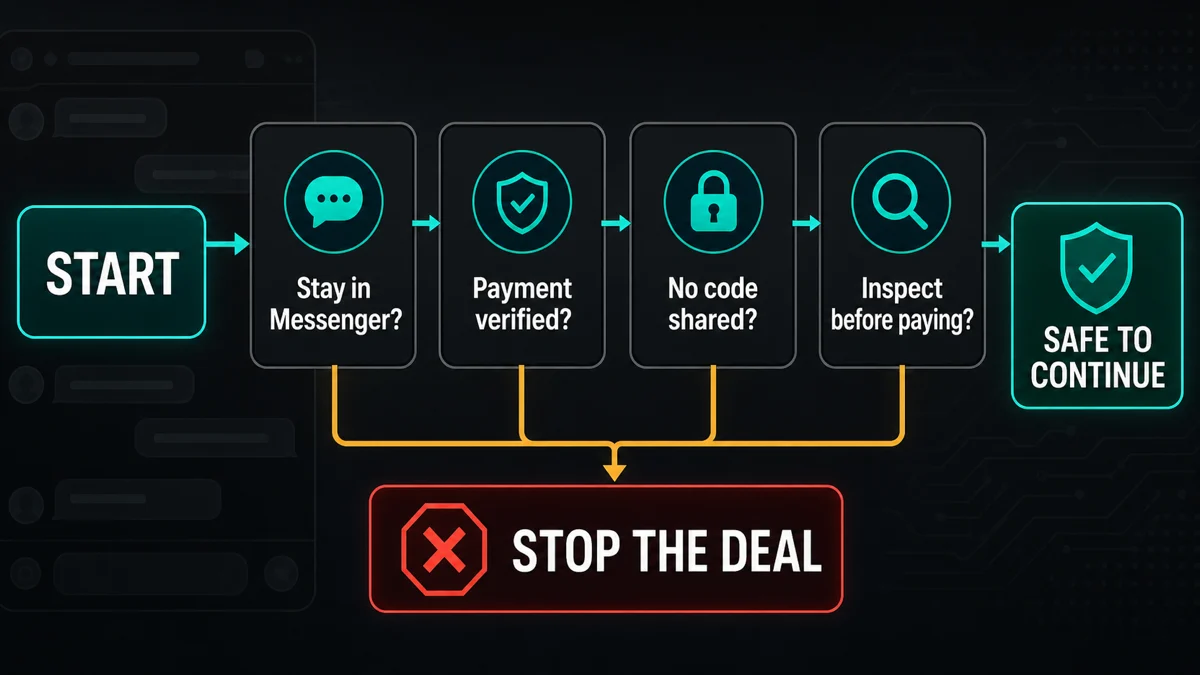 Facebook Marketplace Scams: Buyer and Seller Red Flags in 2026 2 Facebook Marketplace deal safety flow with payment, code, messaging, and inspection checks.