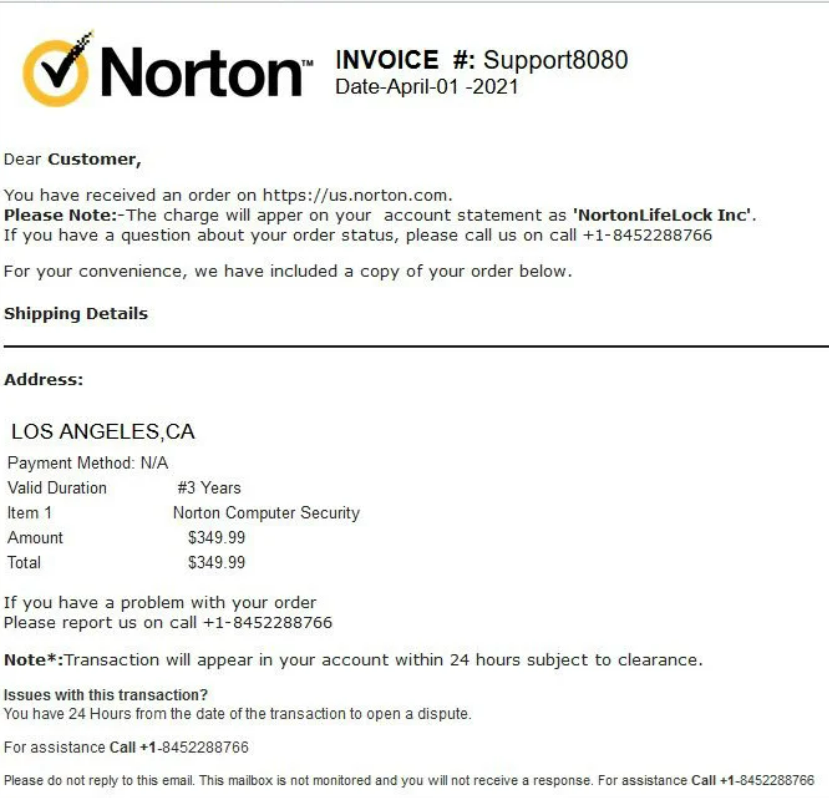 Fake Norton invoice scam email