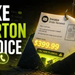 Fake Norton invoice scam email poster with a hooked renewal invoice and call-to-cancel trap.