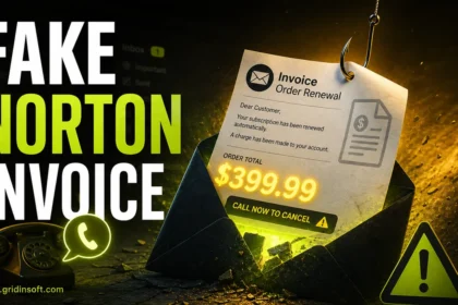 Fake Norton invoice scam email poster with a hooked renewal invoice and call-to-cancel trap.