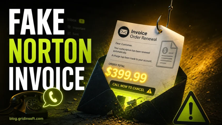 Fake Norton invoice scam email poster with a hooked renewal invoice and call-to-cancel trap.