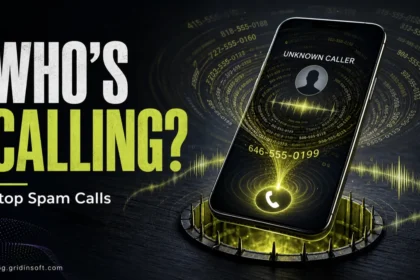 Who's Calling? Stop Spam Calls editorial poster with unknown caller trap.