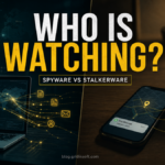 Phone and laptop surveillance scene comparing spyware and stalkerware risks.