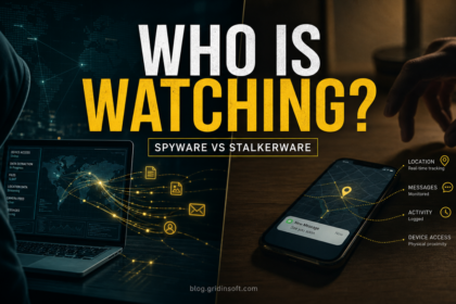 Phone and laptop surveillance scene comparing spyware and stalkerware risks.