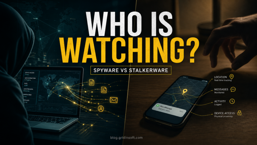 Phone and laptop surveillance scene comparing spyware and stalkerware risks.
