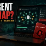 Torrent or Trap poster showing a torrent swarm, visible IP address, and malicious crack file warning.