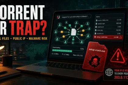 Torrent or Trap poster showing a torrent swarm, visible IP address, and malicious crack file warning.