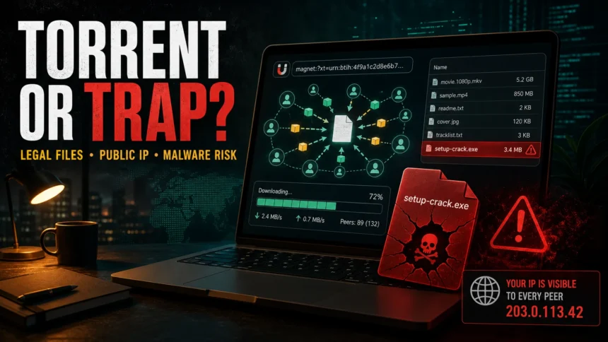 Torrent or Trap poster showing a torrent swarm, visible IP address, and malicious crack file warning.