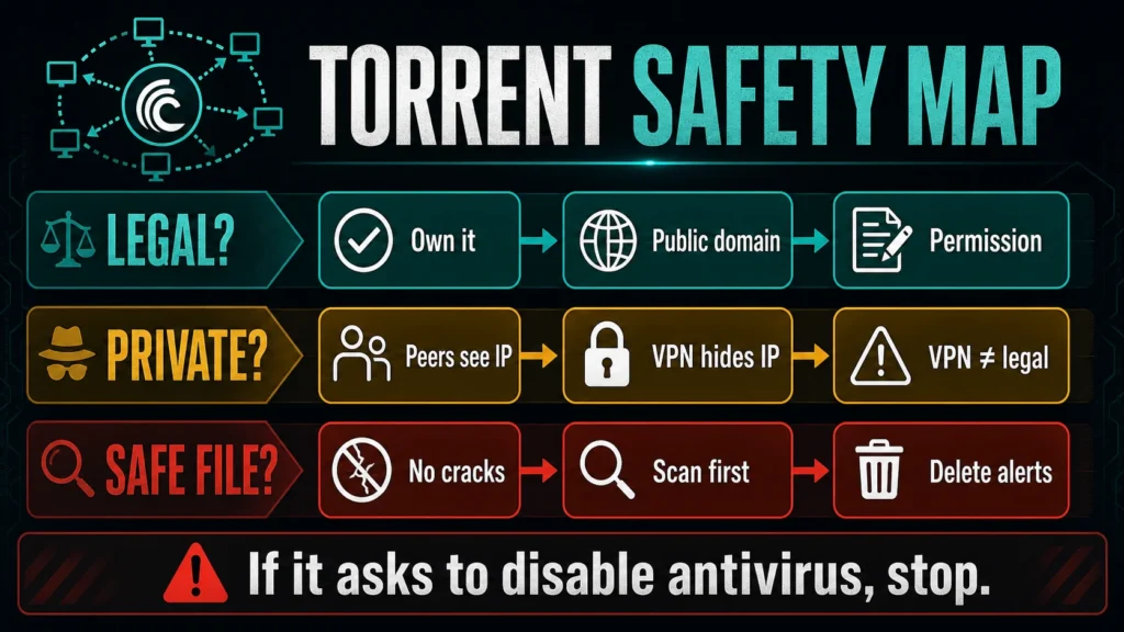 Torrent Safety Map diagram showing legal privacy and file safety checks before downloading torrents.