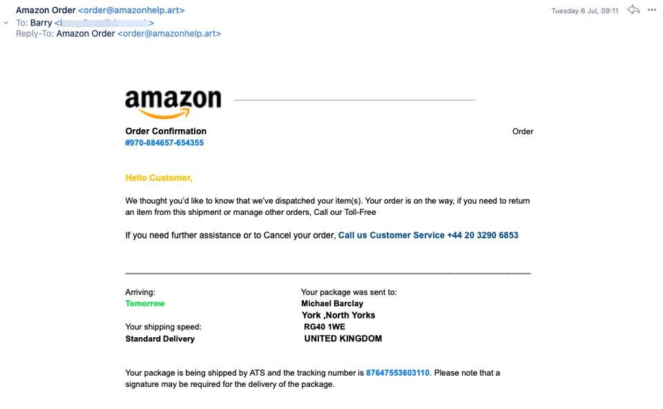 Fake Amazon delivery notice sender address