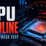 CPU stress test redline temperature gauge over a glowing processor.