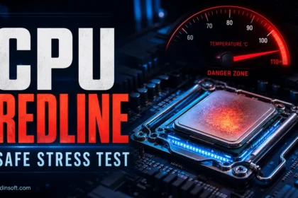 CPU stress test redline temperature gauge over a glowing processor.